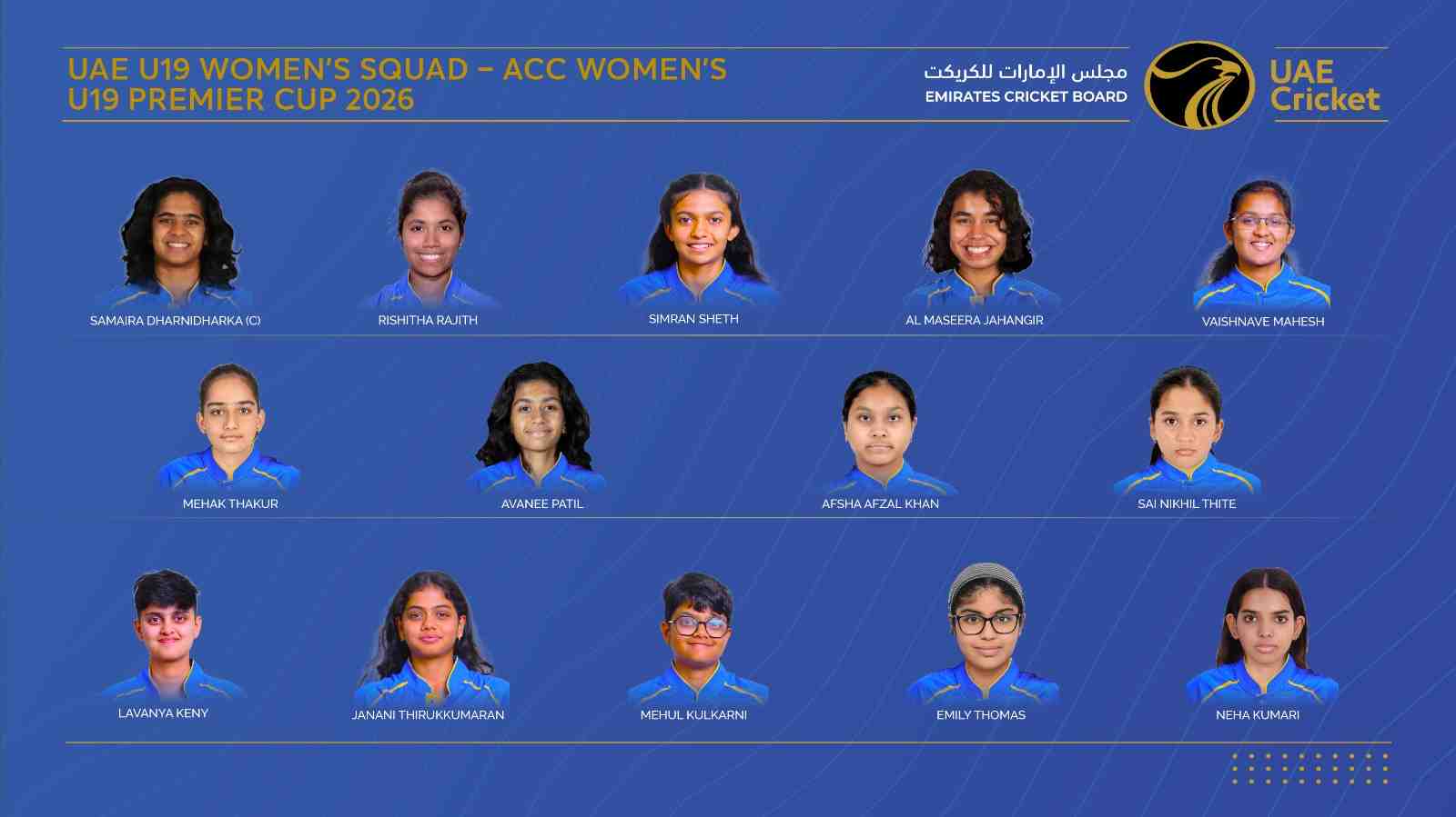 Samaira Dharnidharka to lead UAE in the ACC Women’s U19 Premier Cup 2026